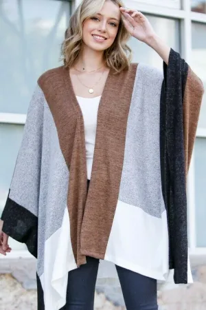 Gray Camel Color Block Asymmetrical Dolman Poncho Ruana Cardigan Casual Womens