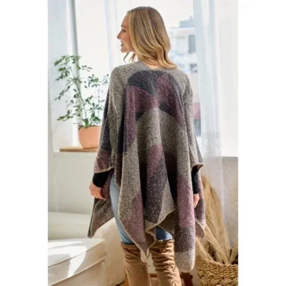 Gray Purple Geo Texture Knit Fall Winter Shawl Open Poncho Sweater One Size