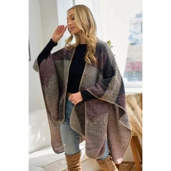 Gray Purple Geo Texture Knit Fall Winter Shawl Open Poncho Sweater One Size