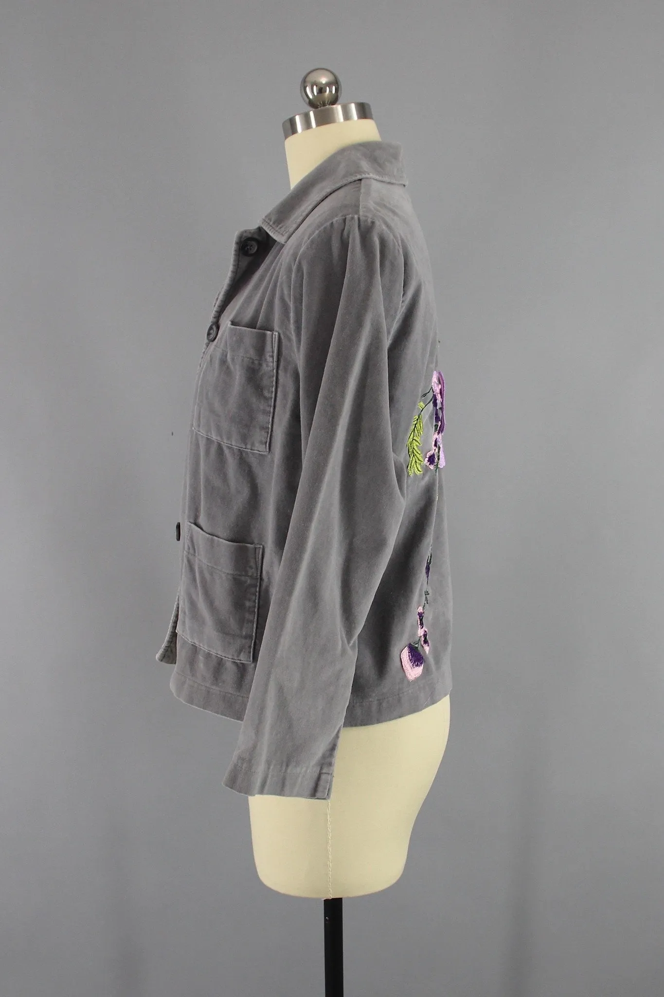 Grey Velvet Embroidered Jacket with Lavender Purple Floral Embroidery