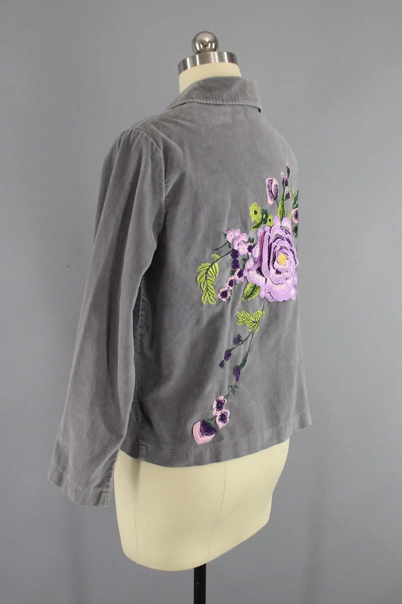 Grey Velvet Embroidered Jacket with Lavender Purple Floral Embroidery