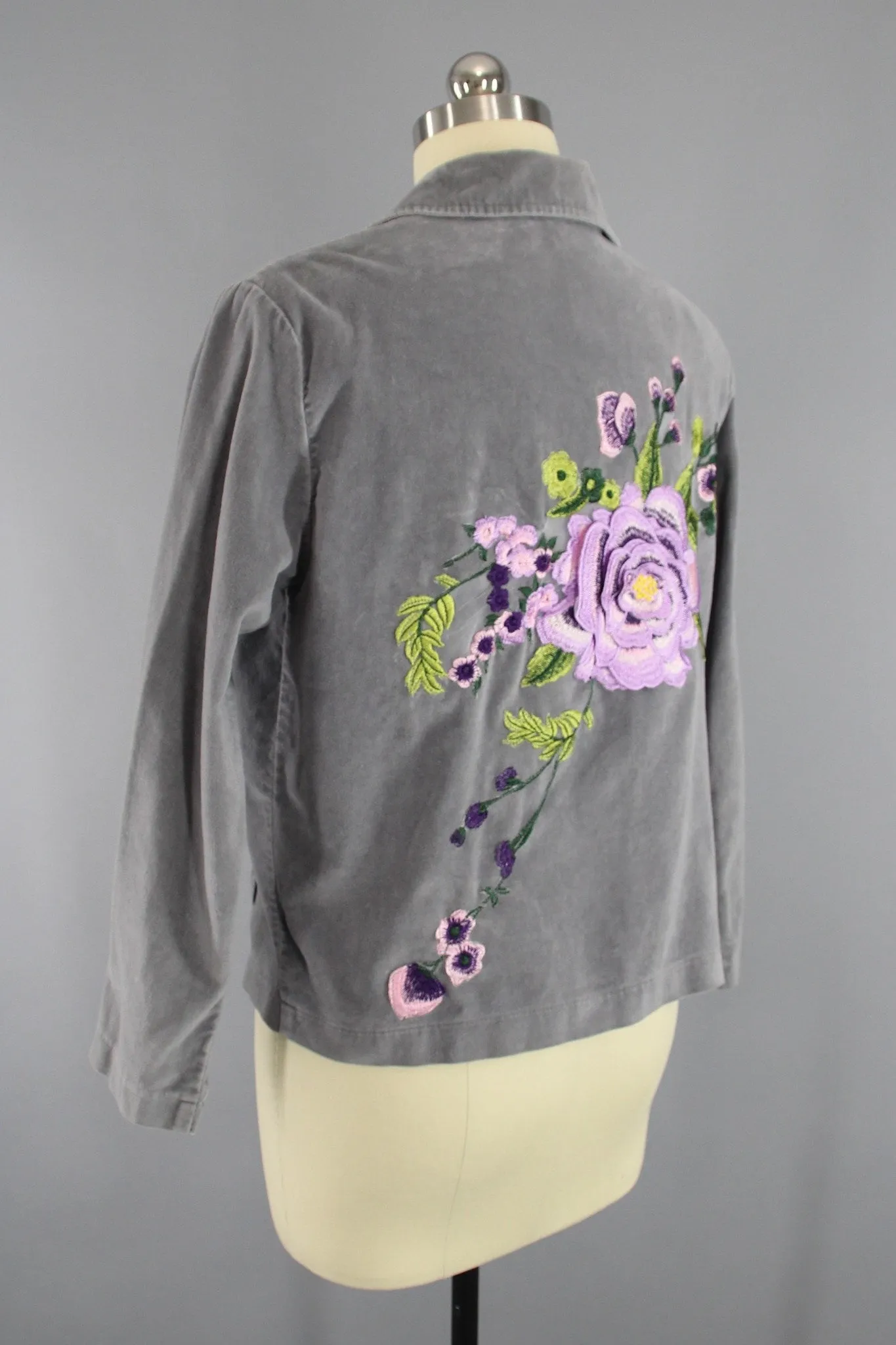 Grey Velvet Embroidered Jacket with Lavender Purple Floral Embroidery