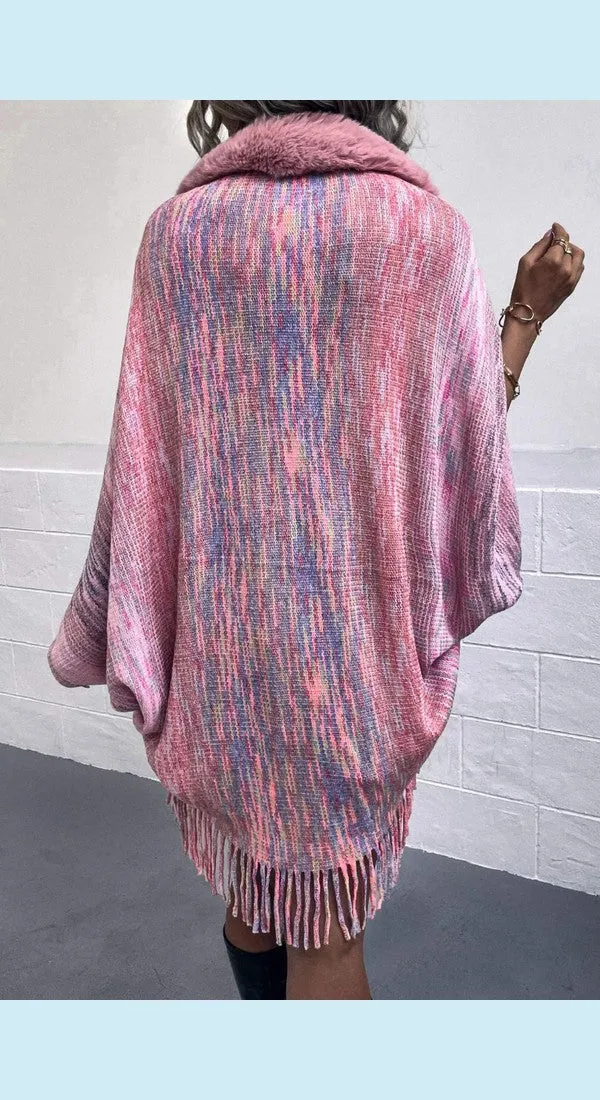 Heathered Neck Trim Fringed Unique and Stylish Design Poncho