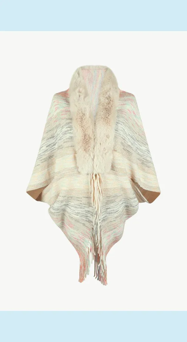 Heathered Neck Trim Fringed Unique and Stylish Design Poncho