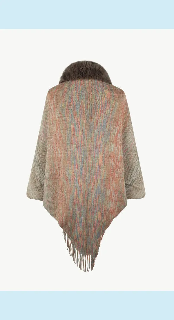 Heathered Neck Trim Fringed Unique and Stylish Design Poncho