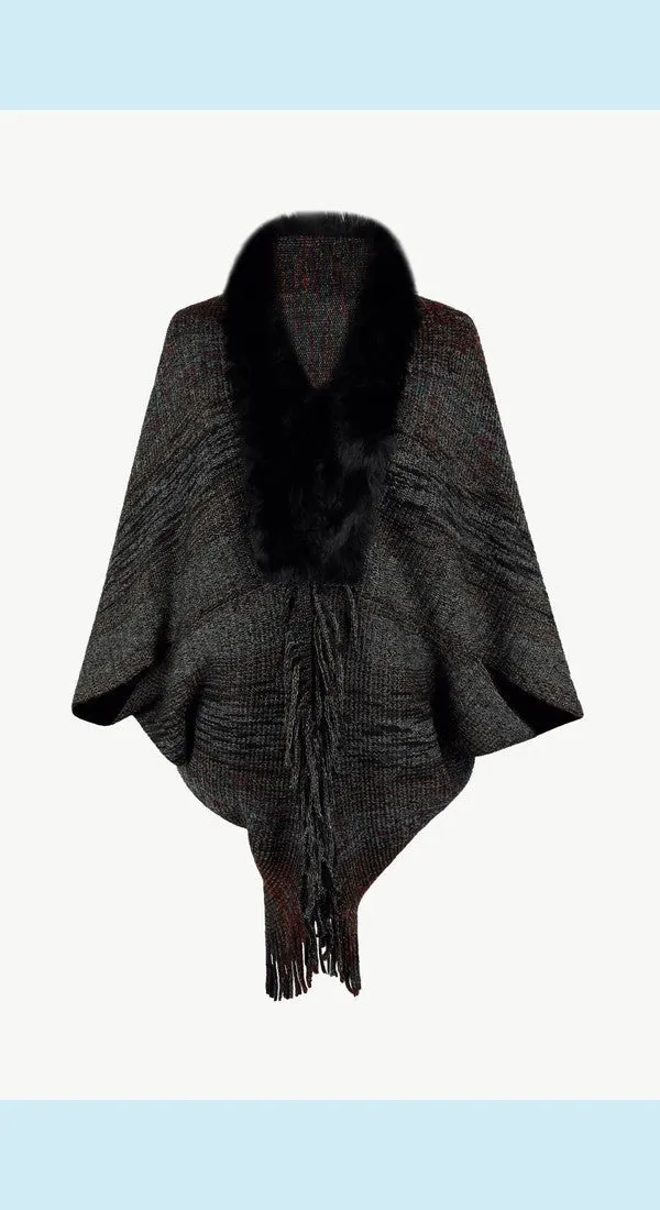 Heathered Neck Trim Fringed Unique and Stylish Design Poncho