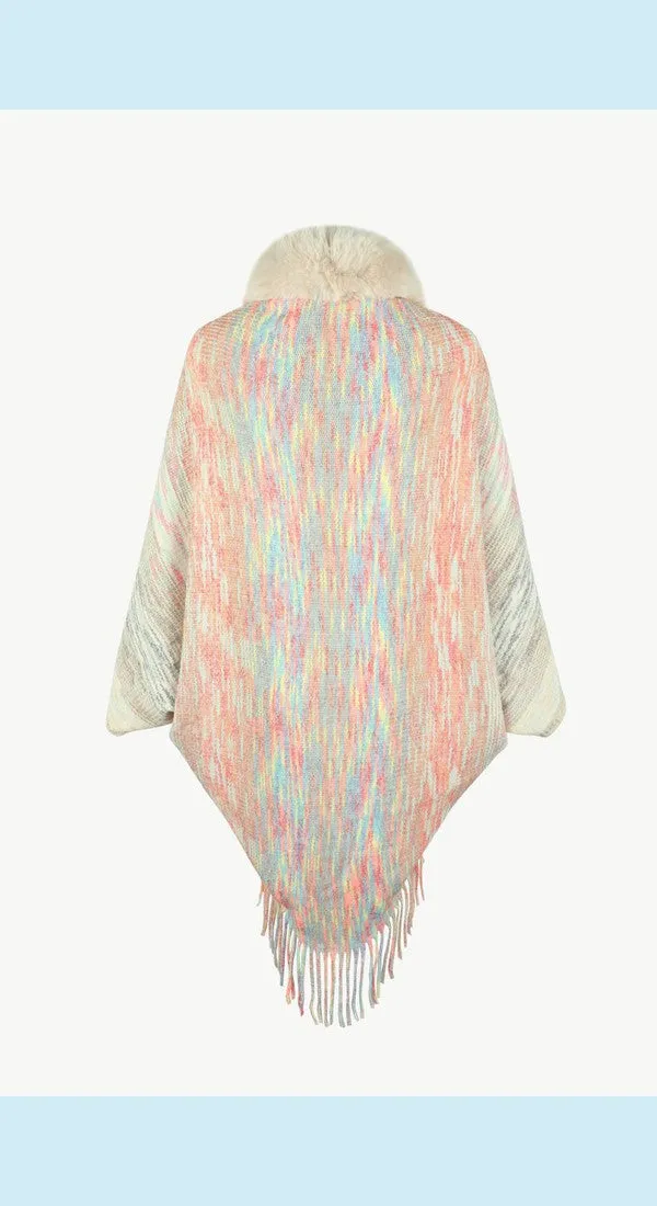 Heathered Neck Trim Fringed Unique and Stylish Design Poncho