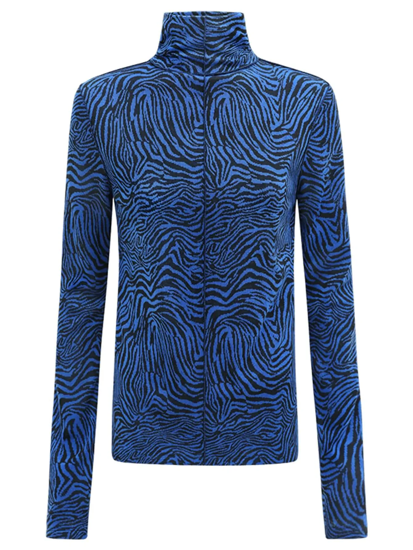 High Neck Zebra Patterned Blue Jacquard Knit Top