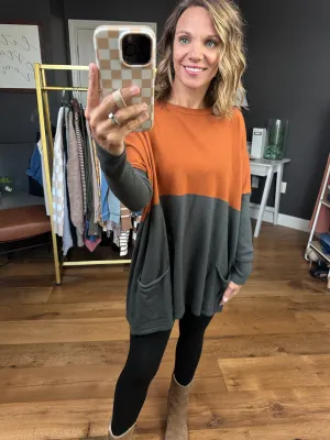 In My Pocket Colorblock Tunic Knit - Rust/ Olive Grey