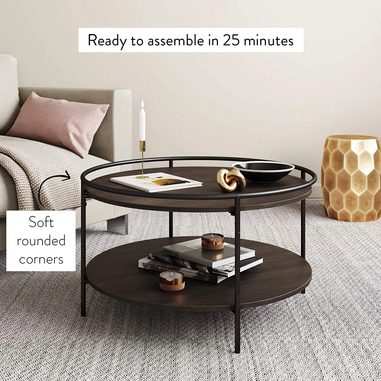 INDIAN DECOR. 45389 Round Coffee Tea or Cocktail with Raised Tray Top Edge Tables, 2-Tier Minimalist Style Living Room, Dark Oak/Matte Black