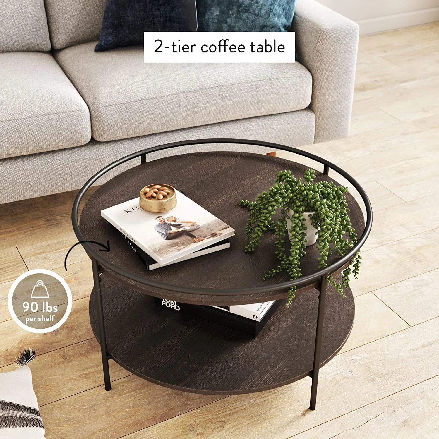 INDIAN DECOR. 45389 Round Coffee Tea or Cocktail with Raised Tray Top Edge Tables, 2-Tier Minimalist Style Living Room, Dark Oak/Matte Black