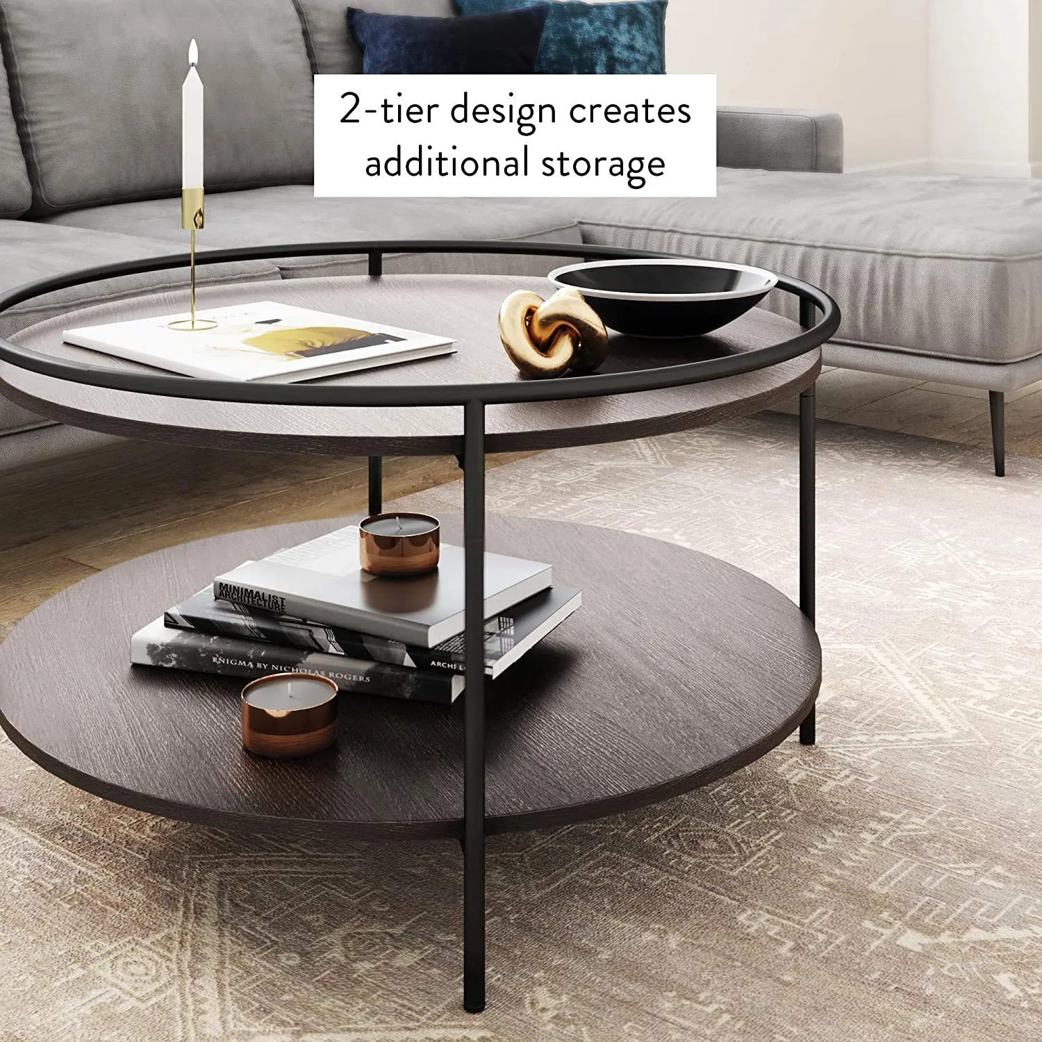 INDIAN DECOR. 45389 Round Coffee Tea or Cocktail with Raised Tray Top Edge Tables, 2-Tier Minimalist Style Living Room, Dark Oak/Matte Black