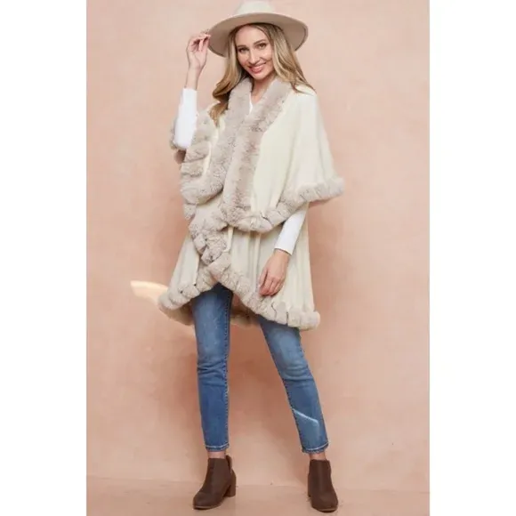 Ivory Solid Faux Fur Trimmed Knit Sweater Cape Poncho Shawl Cardigan Sweater