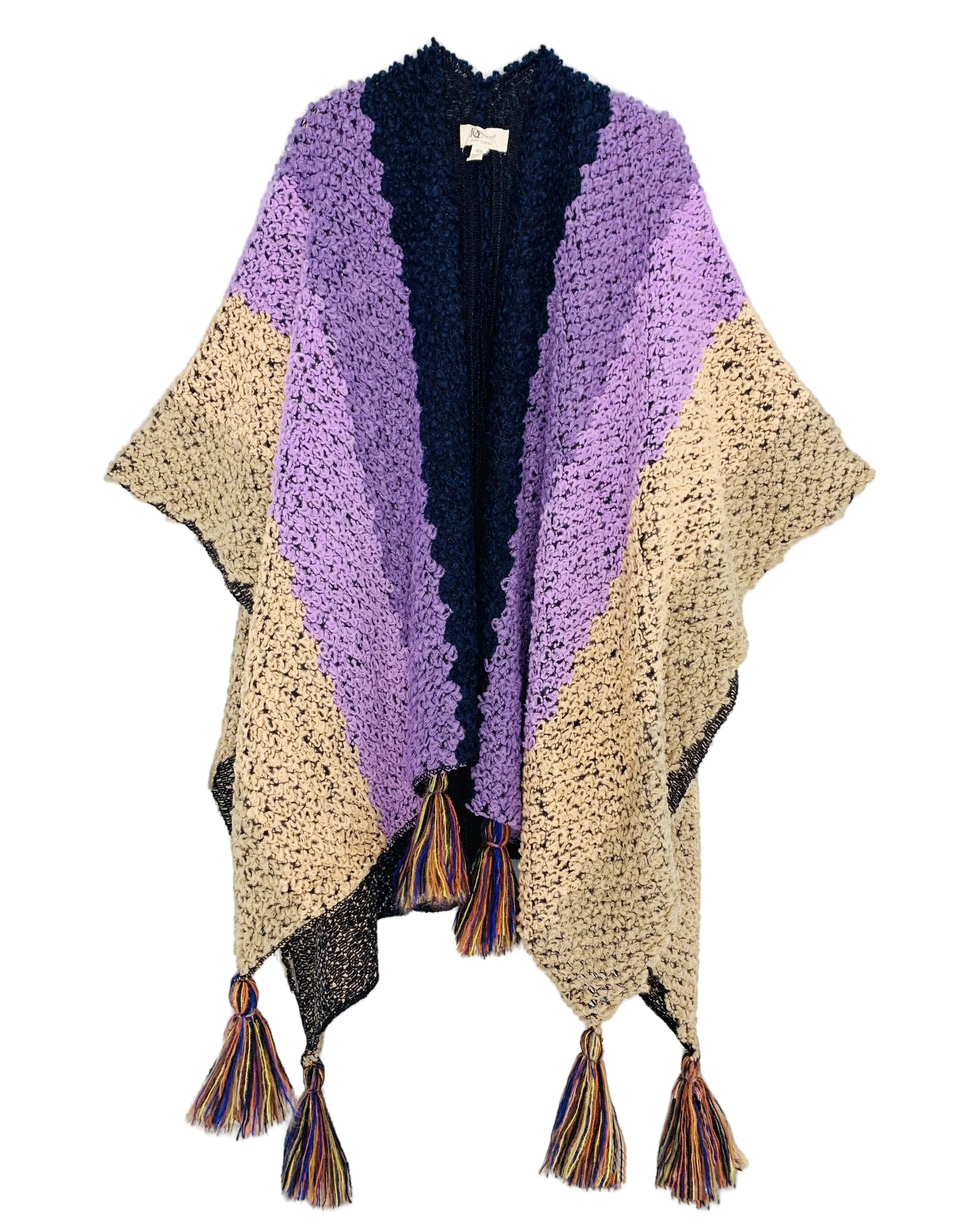 JC063333 5-Color-Tones Crochet Tassel-Accent Ruana-Purple