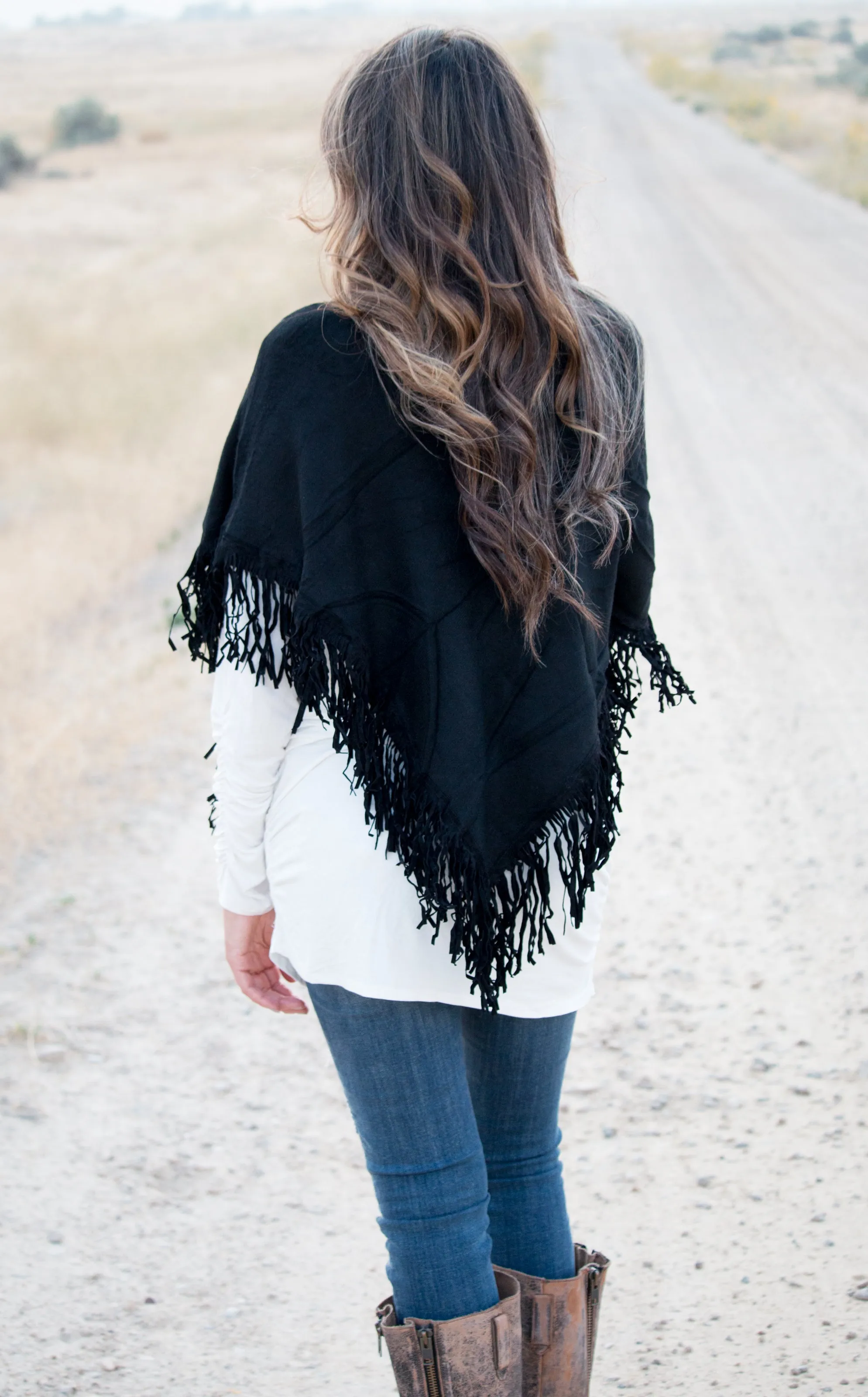 Knit & Suede Fringe Poncho