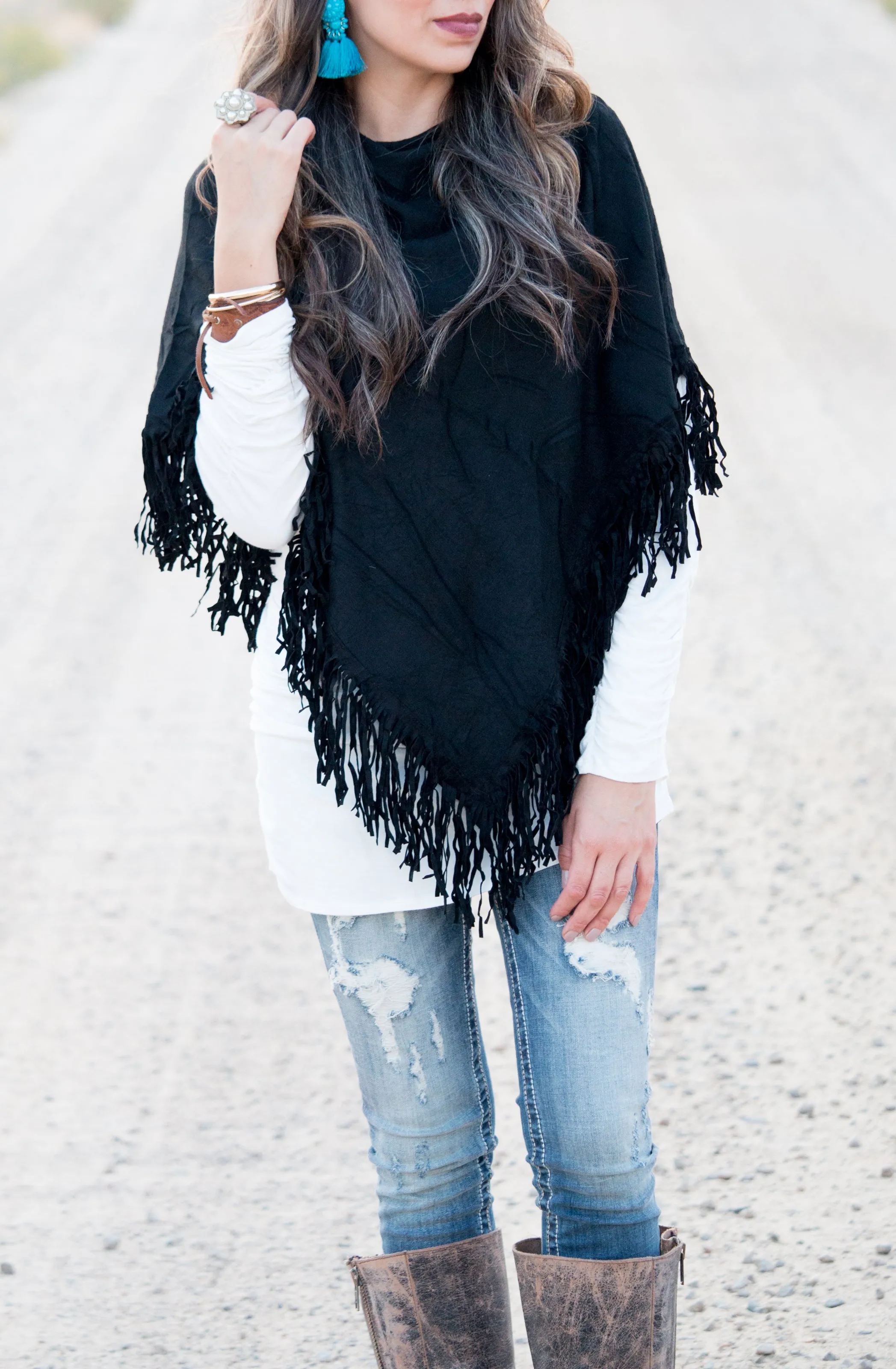 Knit & Suede Fringe Poncho