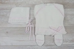 Knit Cotton Newborn White Sweater and Pants,  "Take me home set" Pink lace by Patucos