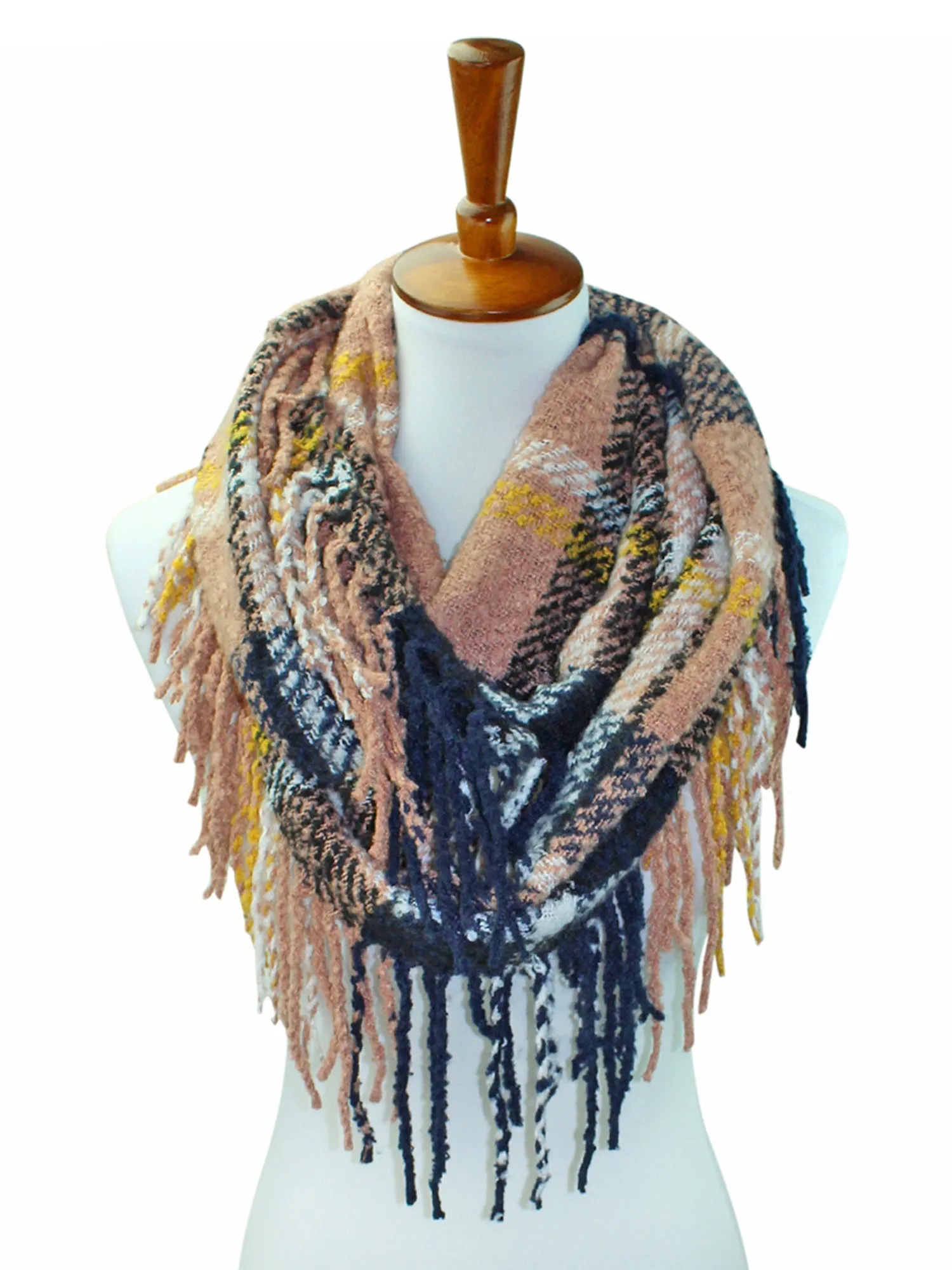 Knit Plaid Infinity Scarf With Fringe Finish