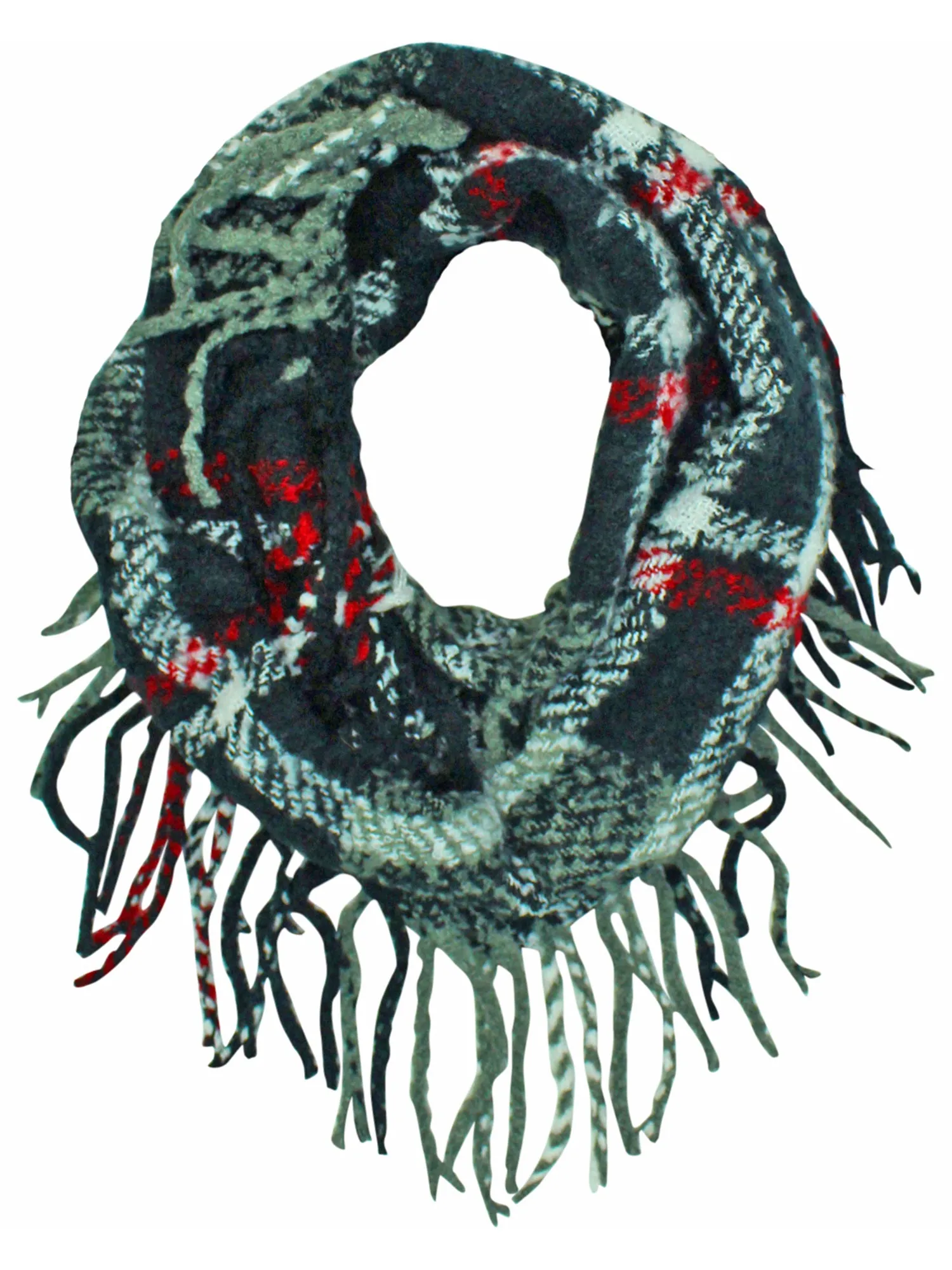 Knit Plaid Infinity Scarf With Fringe Finish