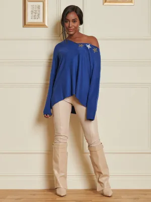 Knitted Rhinestone Star Neck Jumper, Royal Blue