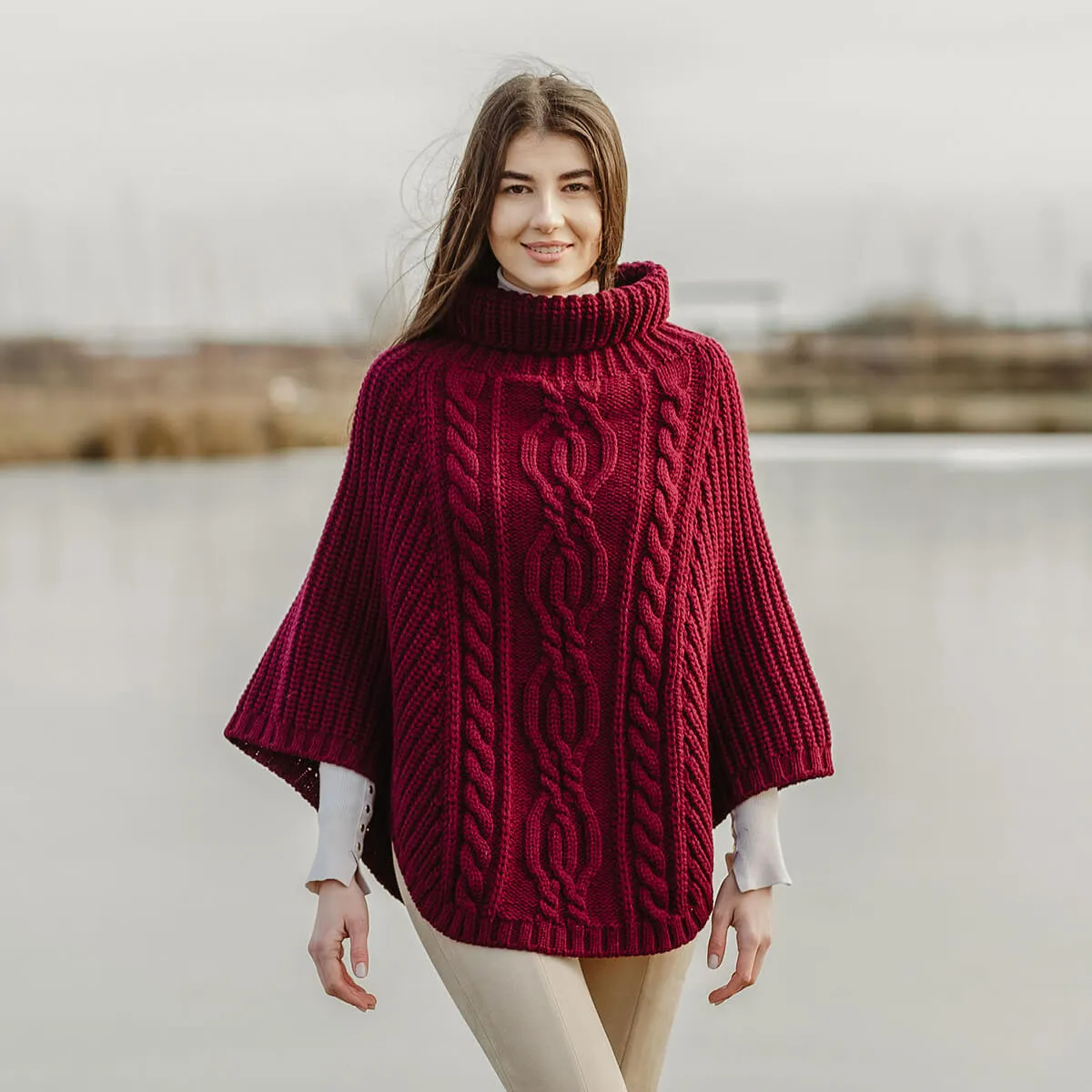 Ladies Rolled Collar Irish Poncho Sweater