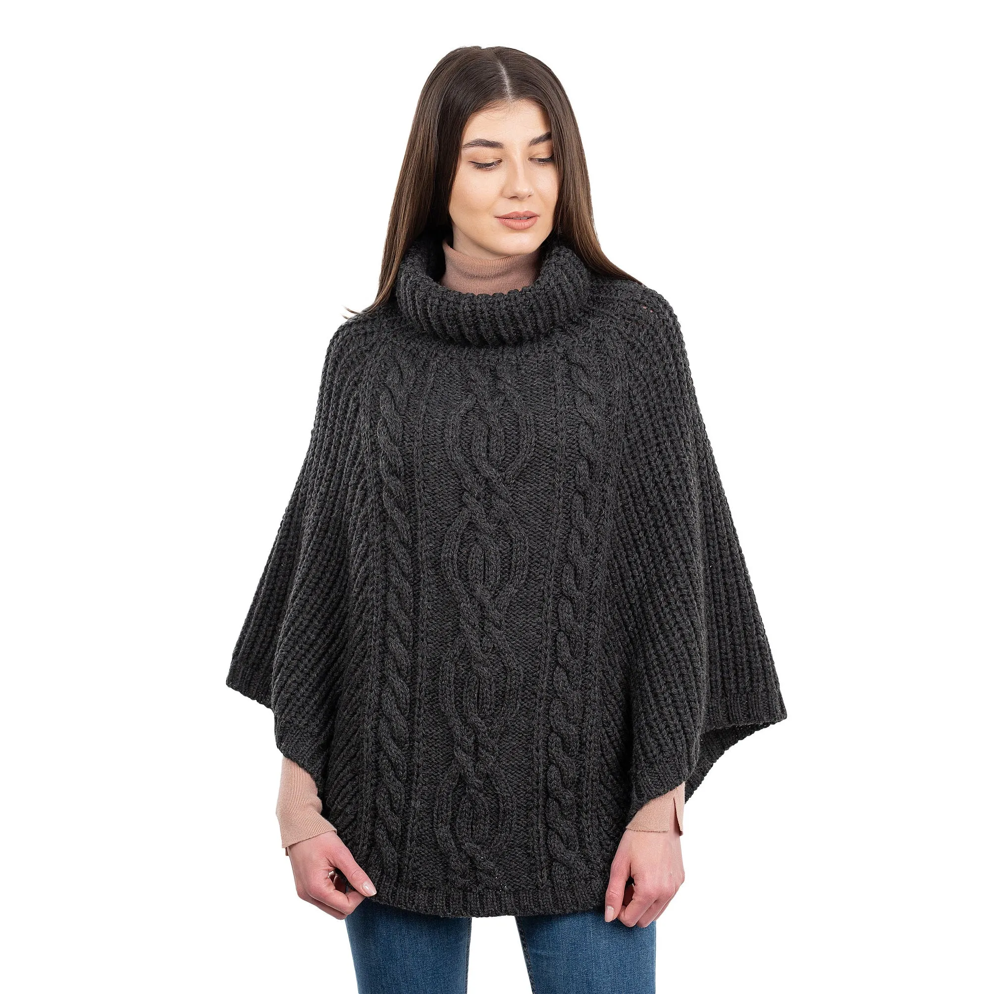 Ladies Rolled Collar Irish Poncho Sweater