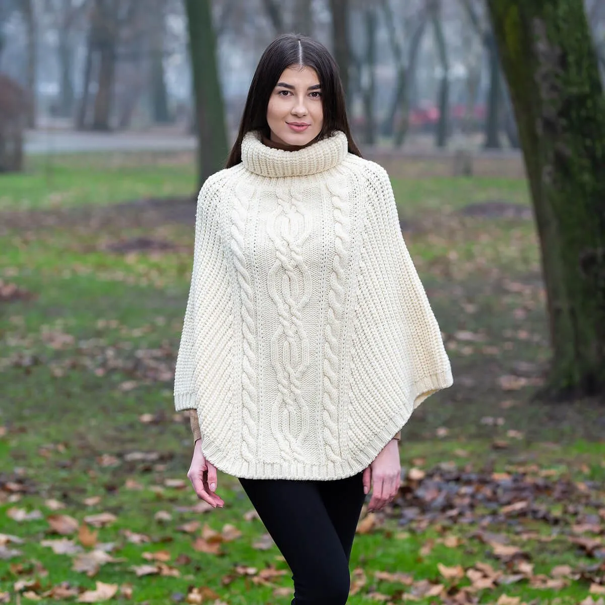 Ladies Rolled Collar Irish Poncho Sweater