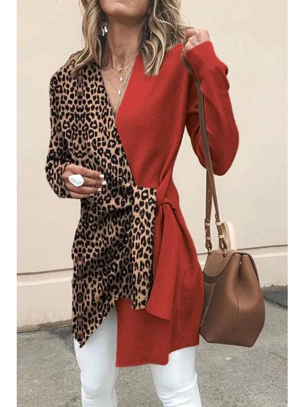 Ladies Temperament V Neck Leopard Print Hit Color Suit Personalized Women's Jacket