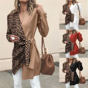 Ladies Temperament V Neck Leopard Print Hit Color Suit Personalized Women's Jacket