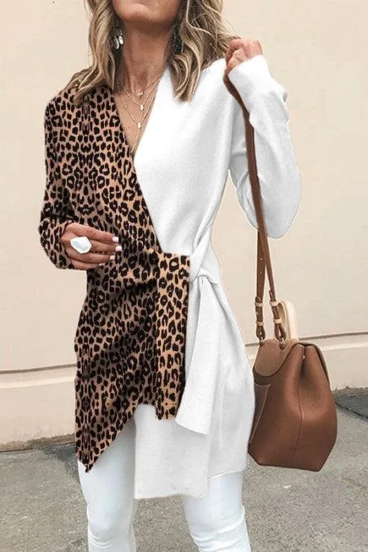 Ladies Temperament V Neck Leopard Print Hit Color Suit Personalized Women's Jacket