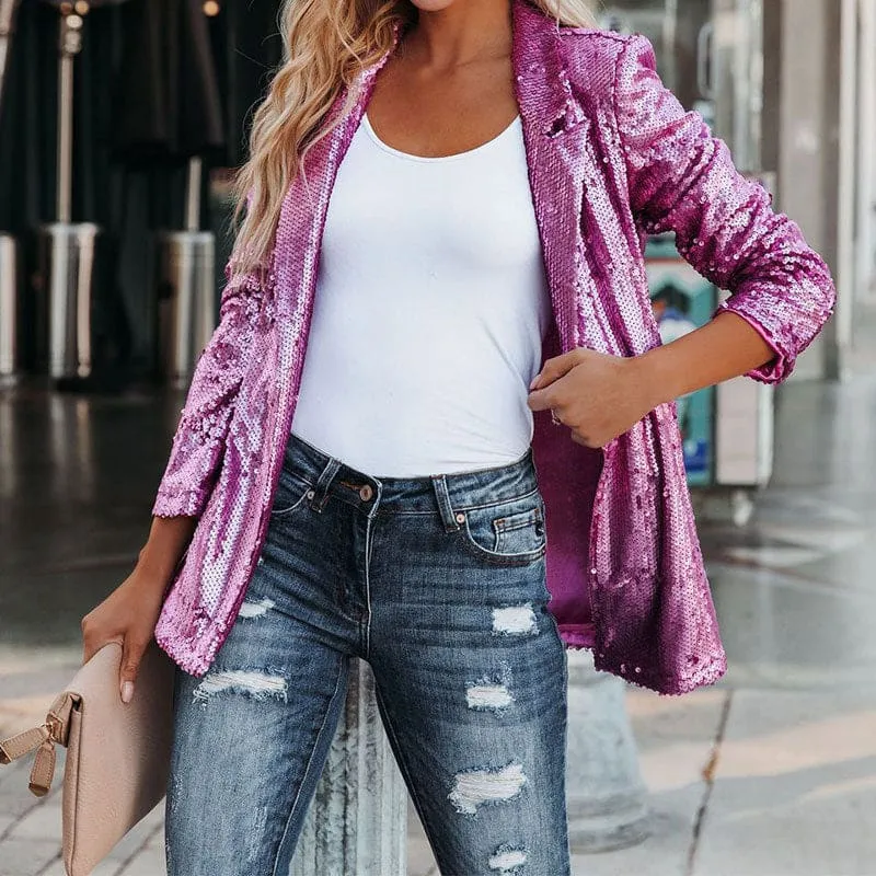 Lapel Collar Side Pocket Long Sleeve Sequin Open Blazer