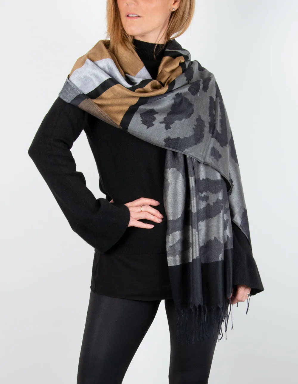 Large Animal Print Pashmina Black, Grey & Bronze