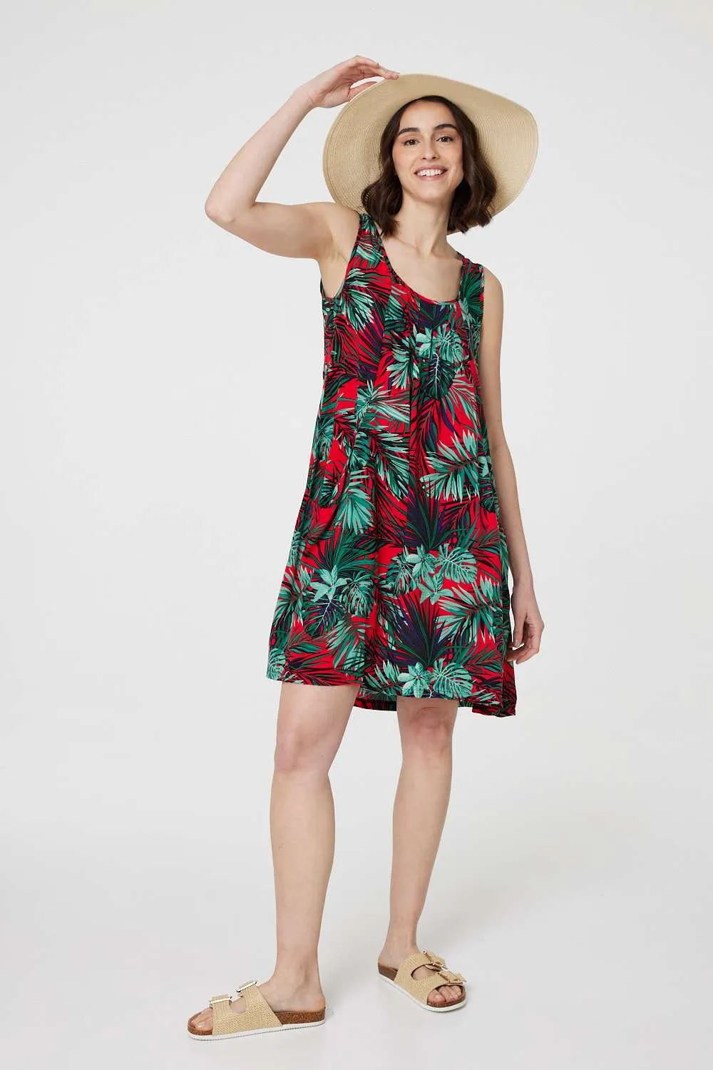 Leaf Print Sleeveless Tunic Dress