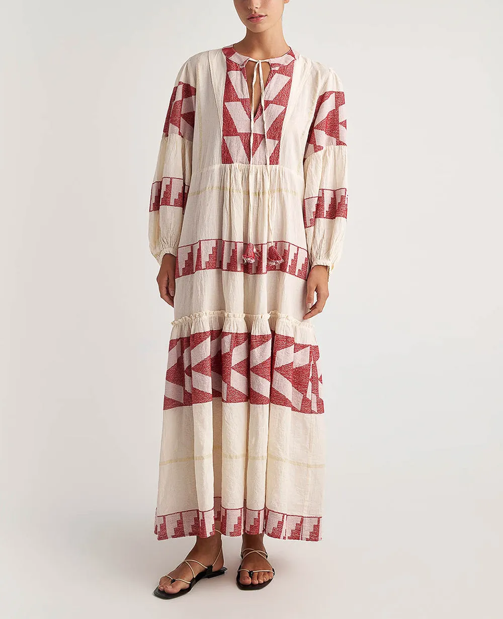 LONG TUNIC DRESS "ATHINA" NATURAL/RED