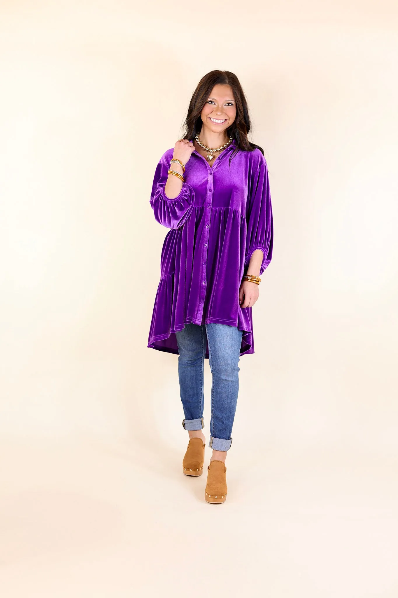 Love Link Button Up Velvet Half Sleeve Babydoll Tunic Top in Violet Purple