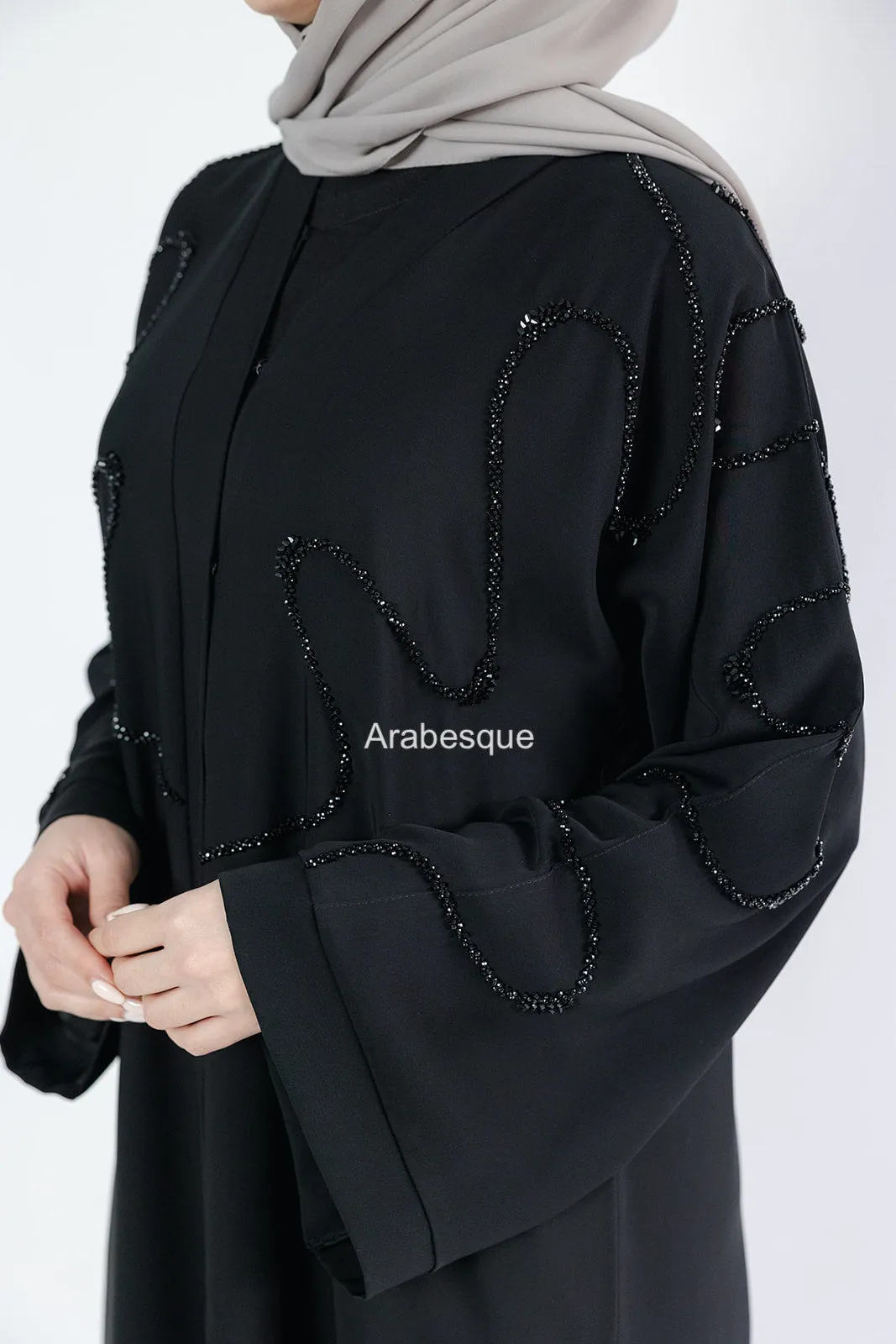 Luxury Black Beaded Front Detail Open Abaya