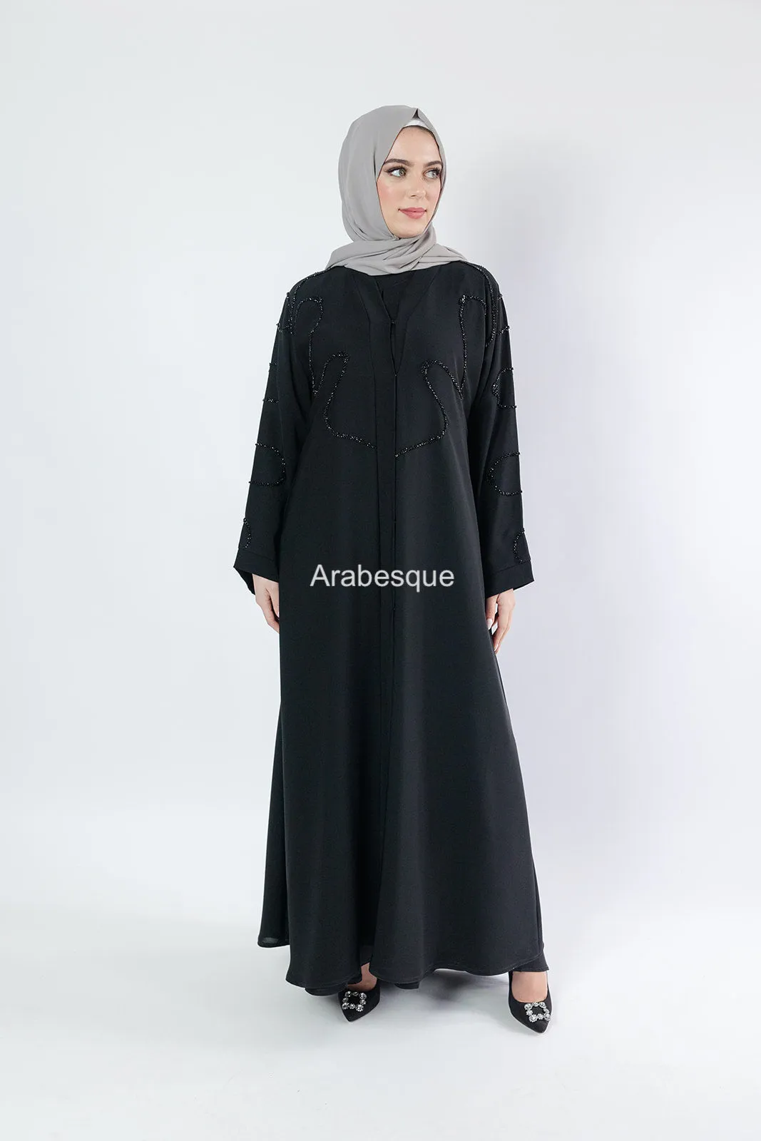 Luxury Black Beaded Front Detail Open Abaya