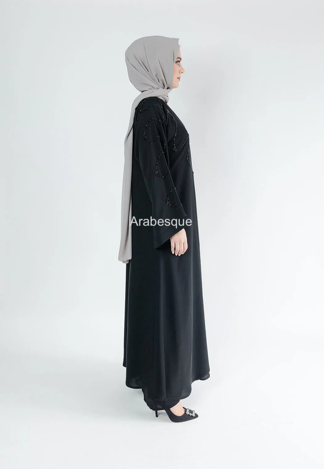 Luxury Black Beaded Front Detail Open Abaya