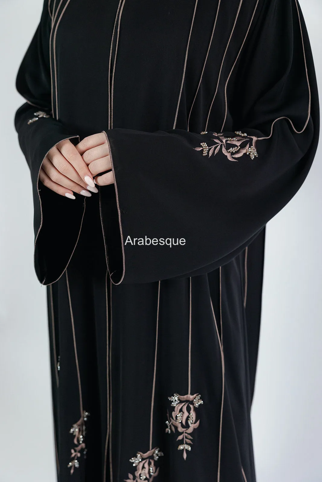 Luxury Striped Embroidery  Open Abaya with Floral Beads