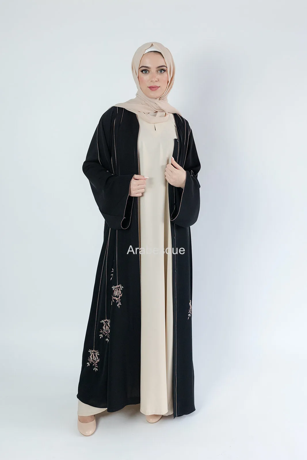 Luxury Striped Embroidery  Open Abaya with Floral Beads