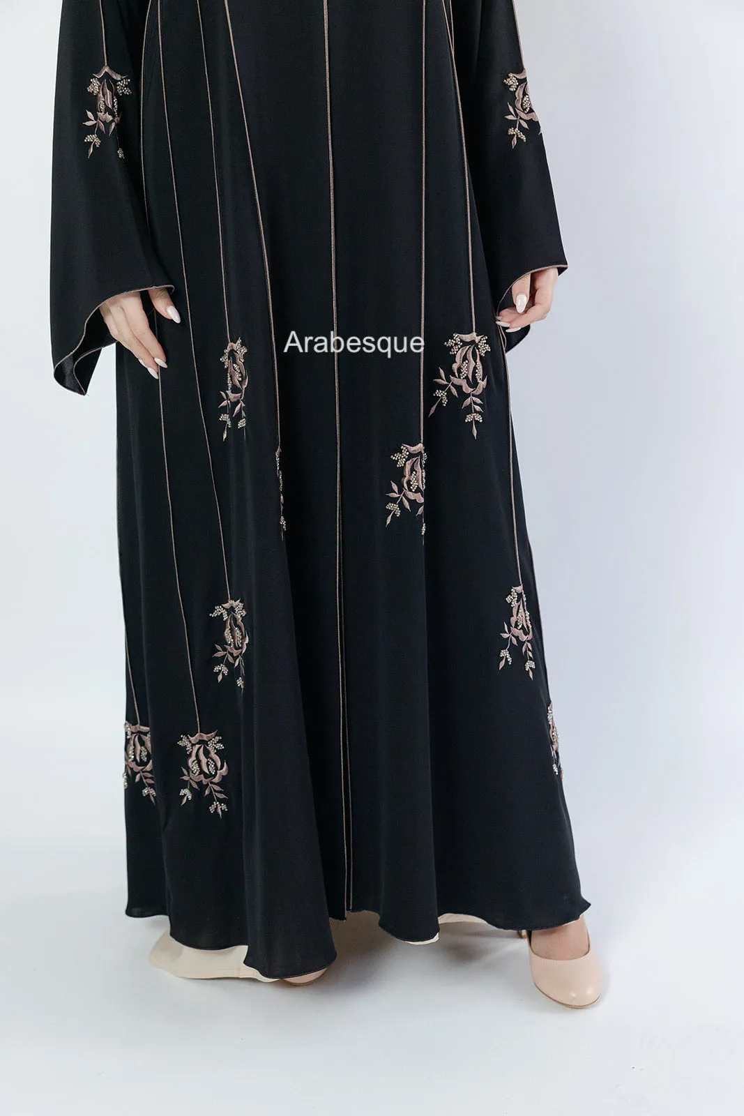 Luxury Striped Embroidery  Open Abaya with Floral Beads