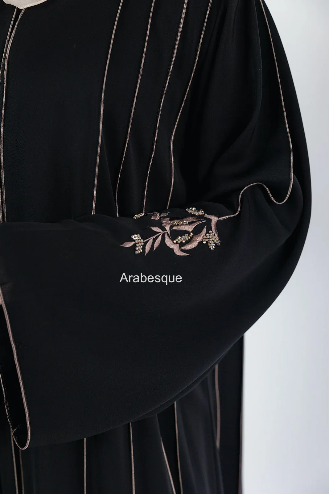 Luxury Striped Embroidery  Open Abaya with Floral Beads