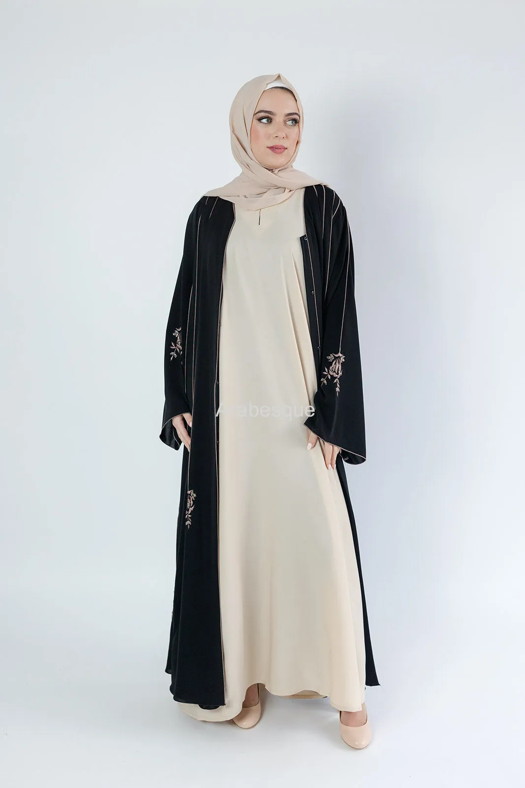 Luxury Striped Embroidery  Open Abaya with Floral Beads