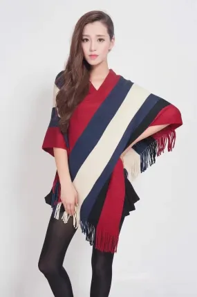 Manra Women Knitted Cape Poncho - Maroon, Blue & White Strips with Fringe