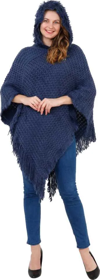 Manra Women Pure Wool Knitted Cape Poncho in Navy Blue Colour