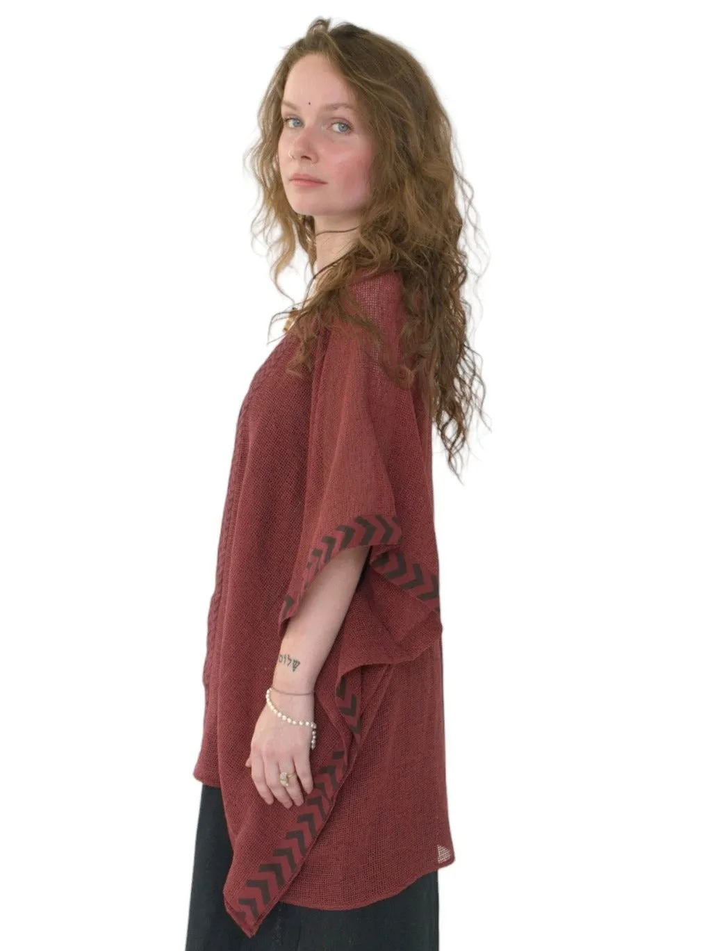 Maroon Mesh Open Poncho