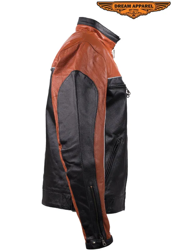 Mens Black & Orange Racer Jacket With Reflective Piping