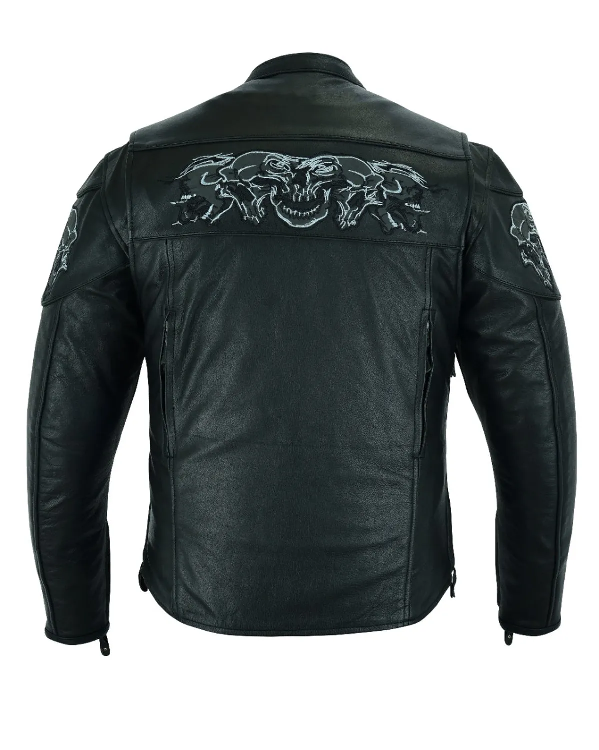 Men's Leather Concealed Carry Racing Jacket with Reflective Skulls