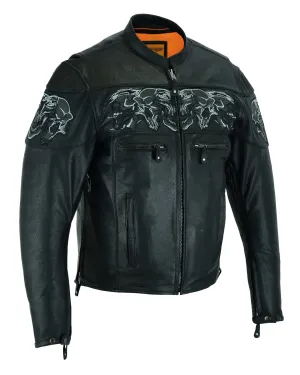 Men's Leather Concealed Carry Racing Jacket with Reflective Skulls