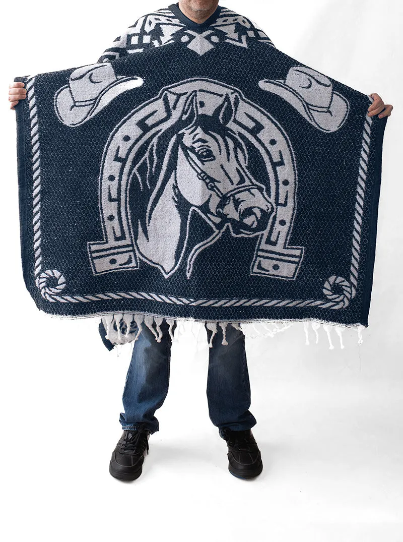 Men's Mexican Poncho - Two Horses - BLUE